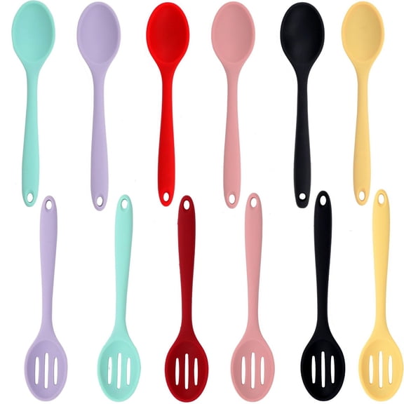 LAIOWEI Heat Resistant Non Stick Silicone Serving Spoons, 8 Inch Long Handle Slotted Spoons and Serving Spoons for Cooking, Baking, Mixing Pink 2Pcs