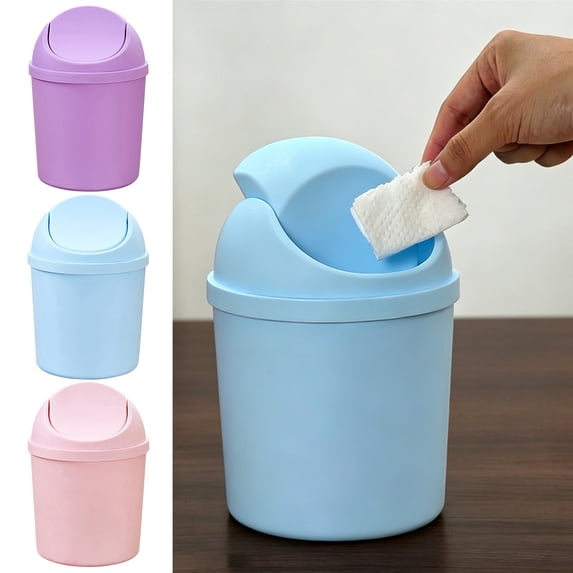LAIOWEI Mini Trash Can, Desktop Waste Bin, Plastic Swing Lid Garbage Bin, Multi Function Household Trash Container for Kitchen Bathroom Office Purple 1Pcs