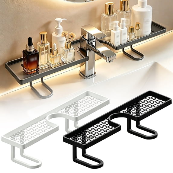 LAIOWEI Over Sink Faucet Storage Rack, No-Drill Free Standing Faucet Storage Shelf, Space-Saving Bathroom Countertop Organizer for Kitchen & Bathroom, Easy Drainage Black 1Pcs