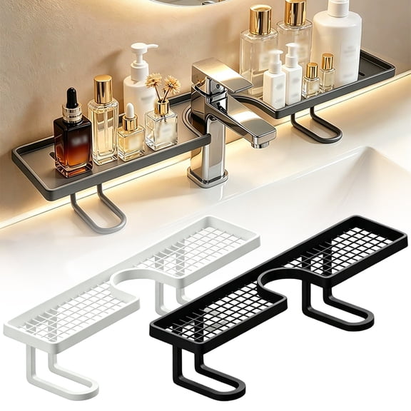 LAIOWEI Over Sink Faucet Storage Rack, No-Drill Free Standing Faucet Storage Shelf, Space-Saving Bathroom Countertop Organizer for Kitchen & Bathroom, Easy Drainage White 1Pcs