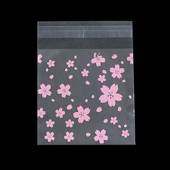 LAIQIEN 100Pcs/Set Lovely Sweet Pink Cherry Blossoms Printed Cookie Candy Bag Self-Adhes