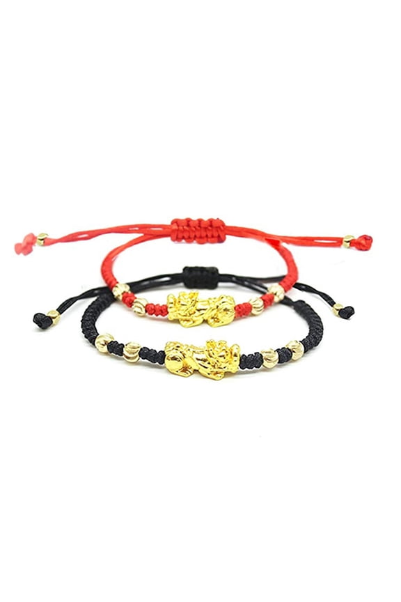 2 Pcs Adjustable Braided Lucky Red Black Rope Feng Shui Pixiu Pi Yao Bracelets