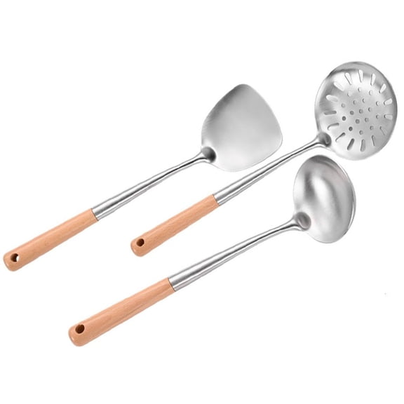 LAIQIEN 3Pcs Stainless Steel Wok Spatula,Soup Ladle,Colander Heat Resistant Wood Handle Kitchen Utensil Cooking Accessories