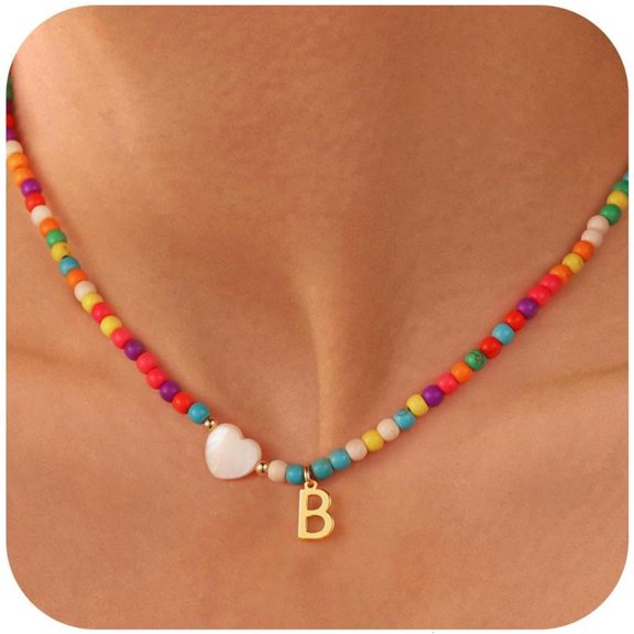 LAIQIEN Handcrafted Beach Style Letter Necklace For Women Delicate Turquoise Beaded Chokers Jewelry With Shell Accents