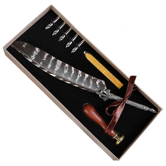 LAIQIEN Luxury Vintage Feather Quill Dip Calligraphy Fountain Pen Writing Ink 5 Nibs Set Stationery Gift Box