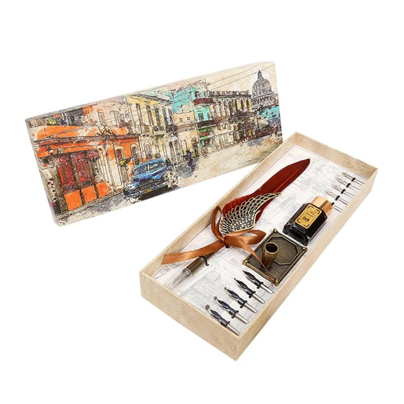 LAIQIEN Portable Retro Quill Pen Set Calligraphy Writing Pen for w/ Pen Rod/Ink Bottle/10 Pcs Pen Nib/Pen Nib Base Business Gift
