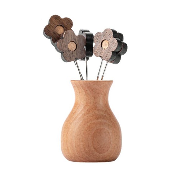 LAIQIEN Solid Wood Fruit Forks Cartoon Fruit Signs Wooden Flower Shaped Fruit Forks Set Small Cake Forks for Kitchen Restaurants