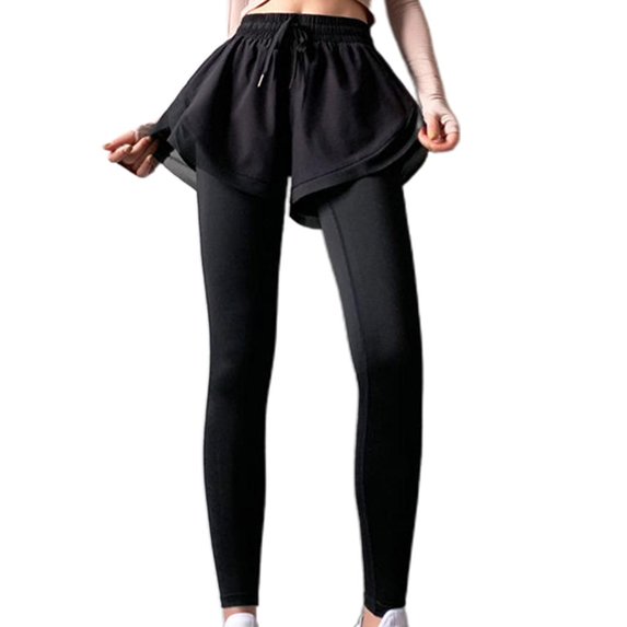 LAIQIEN Women High Waist 2 In 1 Tight Sports Leggings with Shorts Drawstring Yoga Pants