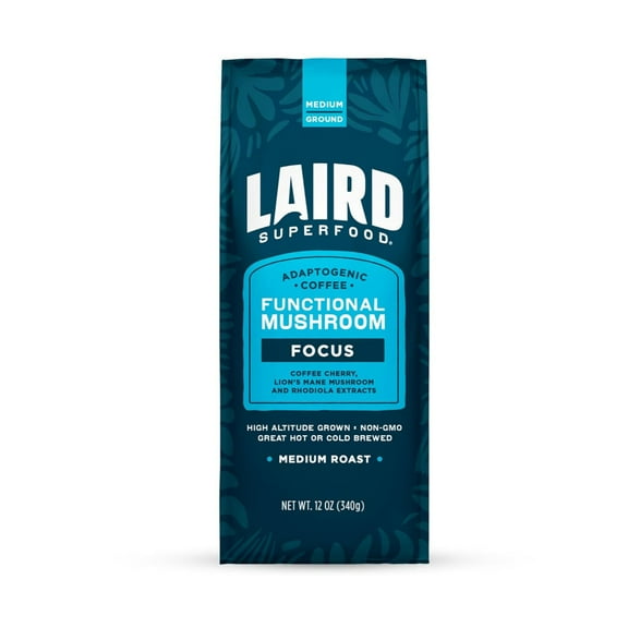 Laird Superfood Focus Coffee, Medium Roast Ground Coffee Infused with Functional Mushrooms and Botanical Adaptogens, 12 oz. Bag
