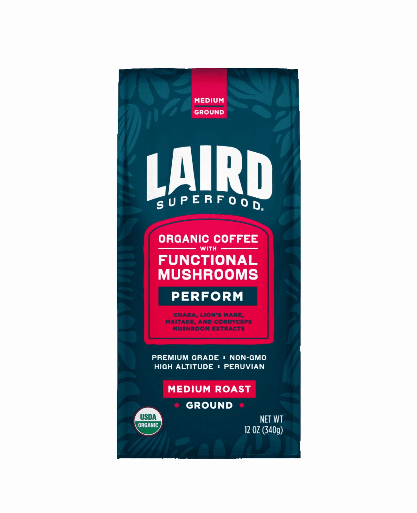 Laird Superfood Peruvian Medium Roast Coffee with Functional Mushrooms, Certified Organic Peruvian Ground Coffee Beans, Gluten-Free, Dairy-Free, Non-GMO, Paleo, Keto Friendly, 12 oz. Bag