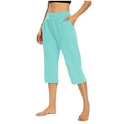 LAIVNEI Women Capris Capris Solid Elastic Waist Pocket Cropped Pants Casual Stretchy Stylish Pants for Spring Summer Women's Clothing Mint Green S