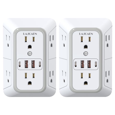 LAJCAEN 6 Outlet Extender Multi Plug Wall Outlets with 4 USB Charging Ports (2 USB C Outlet), 3 Sided 1680J Surge Protector Power Strip USB Wall Charger for Home, Office, Travel, White