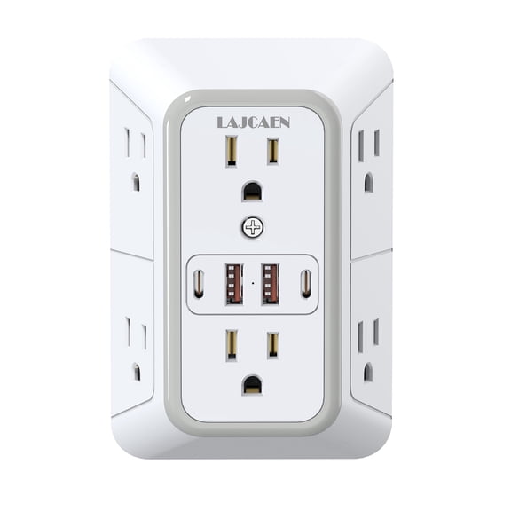 LAJCAEN 6 Outlet Extender Multi Plug Wall Outlets with 4 USB Charging Ports (2 USB C Ports), 3 Sided 1050J Surge Protector Power Strip USB Wall Charger for Home, Office, Travel, White