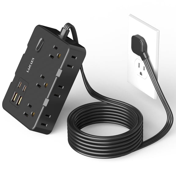 LAJCAEN Power Strip Surge Protector, Flat Plug Extension Cord with 6 Outlets 4 USB Charger(2 USB C), 1050 Joules Protection, Wall Mountable Charging Station for Home Office School Dorm Room