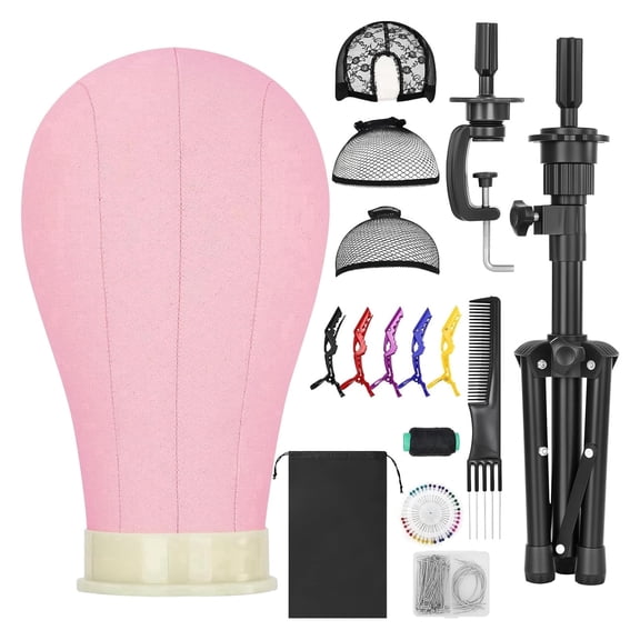 LAJOLLIA 22 inch Canvas Cork Wig Head for Wigs, 30" Wig Stand Tripod with Head, Pink Manikin Head Block Set for Wig Making Practice, Hair Styling Training Display with Wig Caps, T C Pins(Pink)