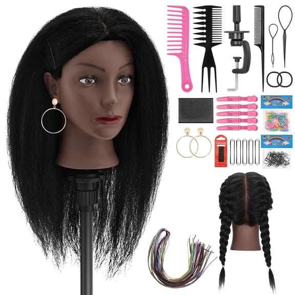 LAJOLLIA African American Mannequin Head, 100% Real Human Hair Mannequin Head for Hairdresser Practice Braiding Cosmetology Hair Styling with Stand, Hair Style Kits