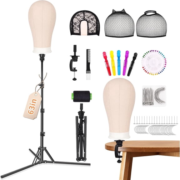 LAJOLLIA Wig Stand Set, 22 inches Canvas Mannequin Head, Off-White Wig Head with 360 Rotation & Adjustable Height Tripod, Wig Caps, Pins, Brush for Wig Making Practice Styling Training Display