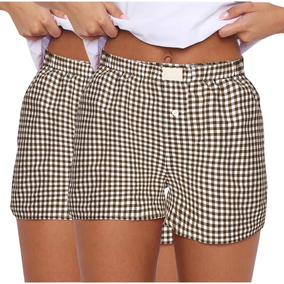 LAJPXKHY 2pc Shorts for Women Elastic Waisted Summer Casual Loose Lightweight Thin Loungewear Plaid Shorts
