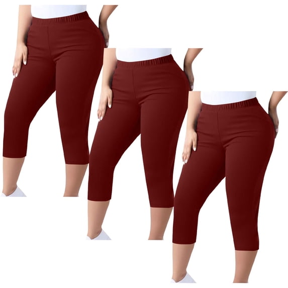 LAJPXKHY 3pc Plus Size Capri Leggings for Women Elastic Waist Slim Fitted Athletic Gym Yoga Pants Bottom Pajama Capris