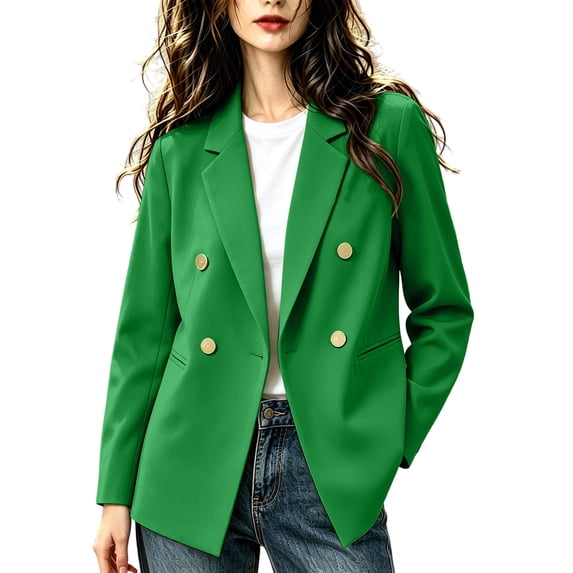 LAJPXKHY Blazer for Women Lapel Collar Double Breasted Open Front Long Sleeve Lightweight Work Office Jackets(Large,Green)