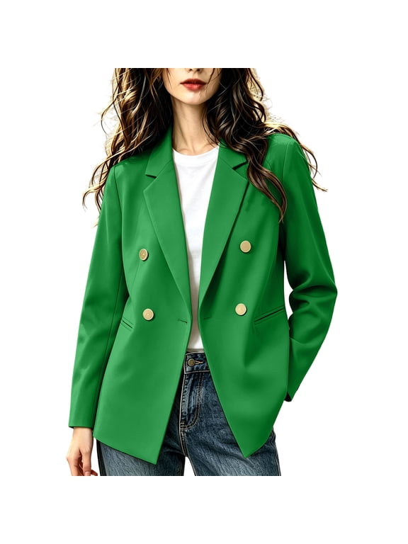 Blazer for Women Lapel Collar Double Breasted Open Front Long Sleeve Lightweight Work Office Jackets(Large,Green)