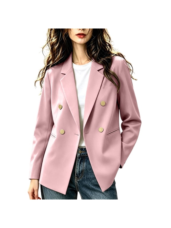 Blazer for Women Lapel Collar Double Breasted Open Front Long Sleeve Lightweight Work Office Jackets(Medium,Pink)