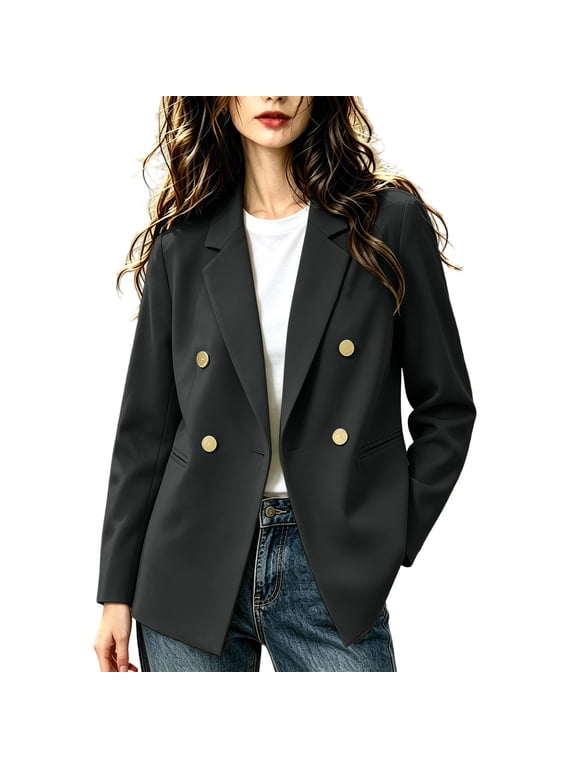 Blazer for Women Lapel Collar Double Breasted Open Front Long Sleeve Lightweight Work Office Jackets(X-Large,Black)