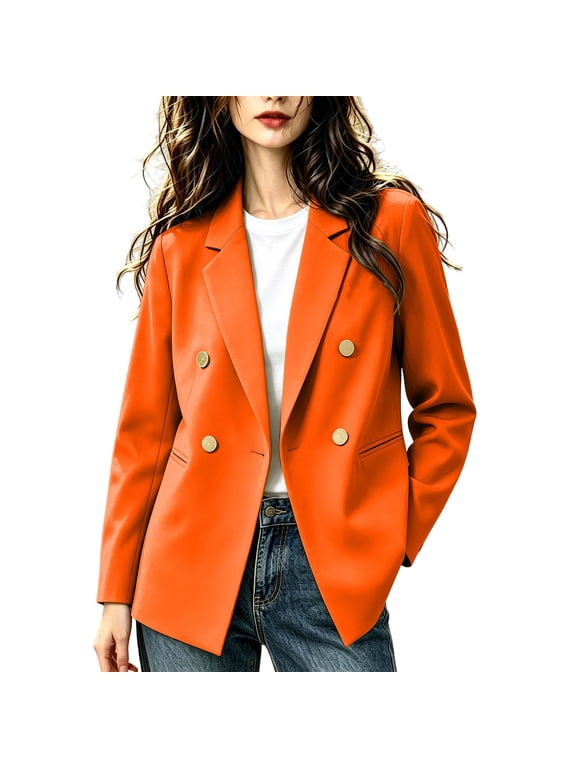 Blazer for Women Lapel Collar Double Breasted Open Front Long Sleeve Lightweight Work Office Jackets(X-Large,Orange)