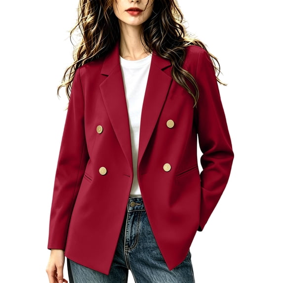 LAJPXKHY Blazer for Women Lapel Collar Double Breasted Open Front Long Sleeve Lightweight Work Office Jackets(XX-Large,Wine)