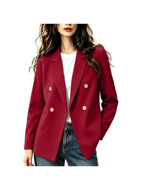 Blazer for Women Lapel Collar Double Breasted Open Front Long Sleeve Lightweight Work Office Jackets(XX-Large,Wine)