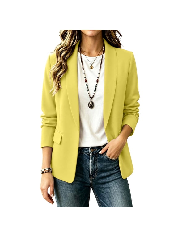 Blazer for Women Open Front Lapel Collar Solid Jackets Long Sleeve Business Casual Work Office Outerwear(Small,Yellow)