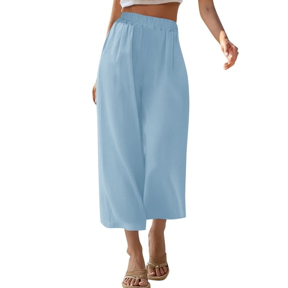 LAJPXKHY Capri Pants for Women Summer Cotton Linen Lightweight Thin Breathable Elastic High Waist Wide Leg Beach Capris