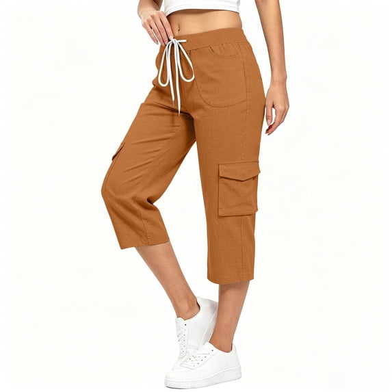 LAJPXKHY Cargo Capris for Women Summer Casual Loose Drawstring Mid Waist Wide Leg Outdoor Hiking Cropped Trousers with Pockets