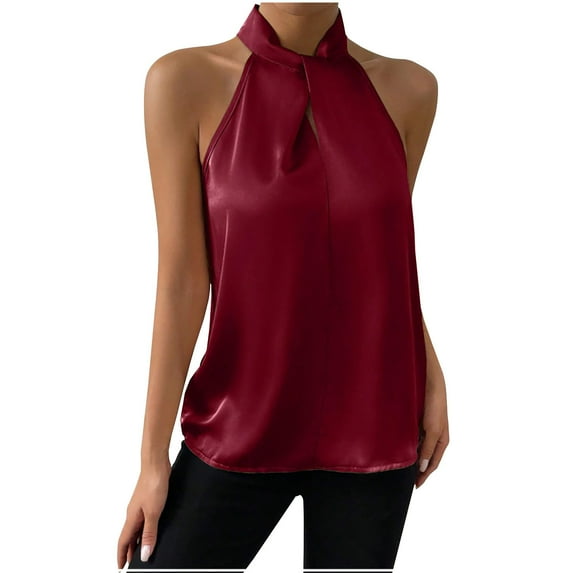 LAJPXKHY Halter Tops for Women Trendy Sleeveless Satin Solid Color Business Casual Elegant Tank Tops Blouse