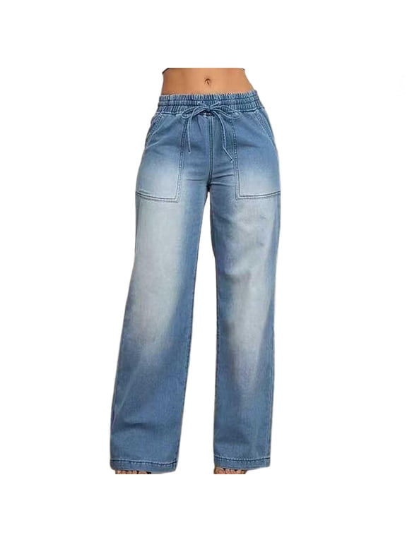 Jean Pants for Women Casual Loose Drawstring Elastic Low Waist Wide Leg Baggy Streetwear Outdoor Trendy Trousers with Pockets
