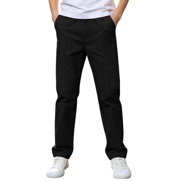 LAJPXKHY Kids Boys Chino Pants Elastic Waist Front Pleated Straight Leg Solid Casual School Trousers with Pockets(5-6 Years,Black)