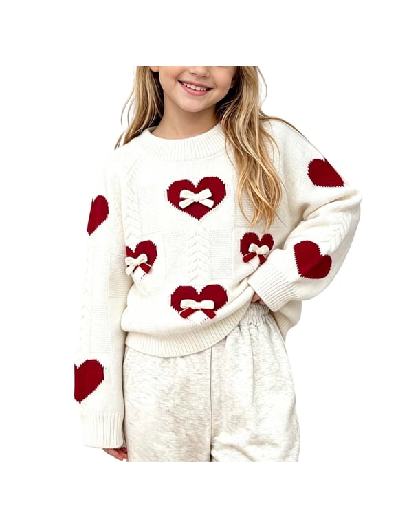 Kids Girls Sweaters Long Sleeve Crewneck Print Bowknot Fashion Fall Winter Casual Pullover Tops(1-2Years,White)