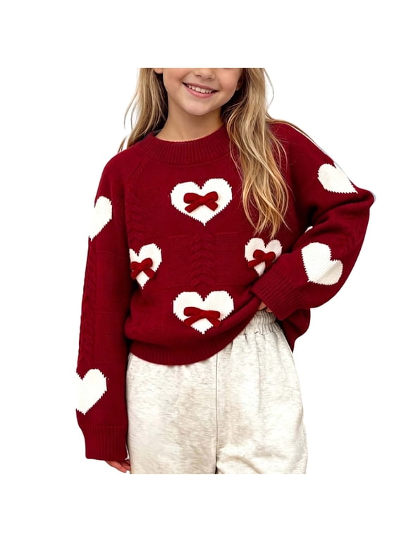 Kids Girls Sweaters Long Sleeve Crewneck Print Bowknot Fashion Fall Winter Casual Pullover Tops(4-5Years,Red)