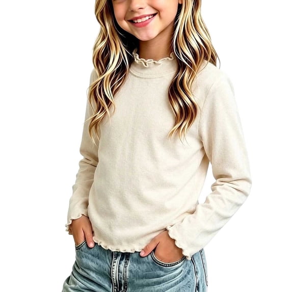 LAJPXKHY Long Sleeve Tops for Kids Girls Ruffle Edged Turtleneck Slim Fitted Solid Fall Winter Casual Loungewear Tops(1-2Years,Yellow)