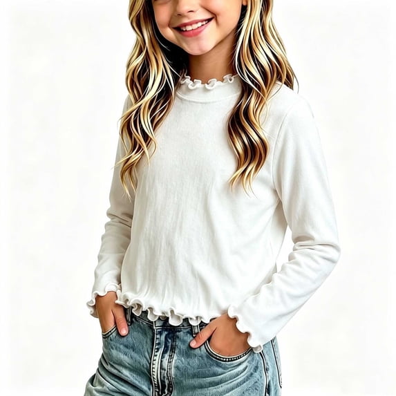 LAJPXKHY Long Sleeve Tops for Kids Girls Ruffle Edged Turtleneck Slim Fitted Solid Fall Winter Casual Loungewear Tops(2-3Years,White)