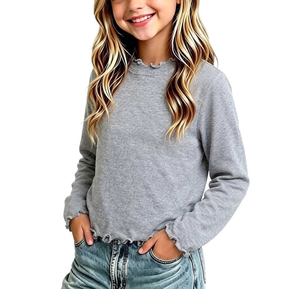 LAJPXKHY Long Sleeve Tops for Kids Girls Ruffle Edged Turtleneck Slim Fitted Solid Fall Winter Casual Loungewear Tops(3-4Years,Gray)