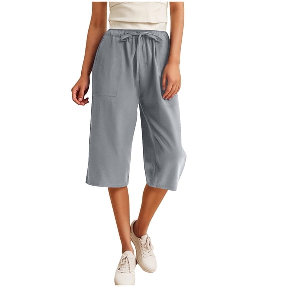 LAJPXKHY Plus Size Capris for Women Drawstring Elastic High Waist Wide Leg Pant Summer Cotton Linen Lightweight Thin Pants with Pockets