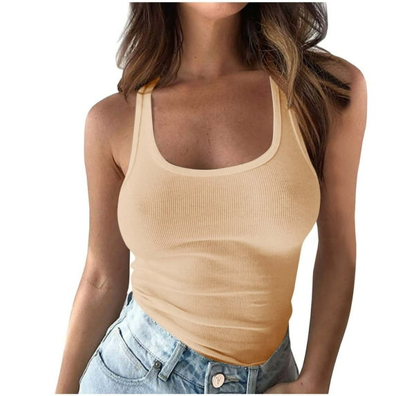 LAJPXKHY Plus Size Tank Top for Women Summer Ribbed Knitted Stretchy Slim Tight Solid Color Low Cut Sleeveless Camis Shirts
