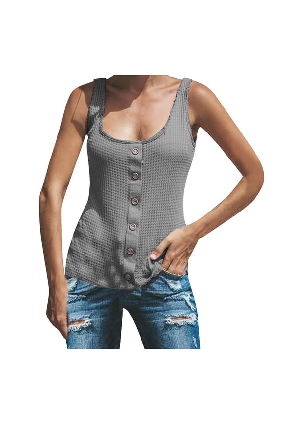 Plus Size Tops for Women Sleeveless Low Cut U Neck Knitted Summer Loose Solid Color Button Casual Camisole