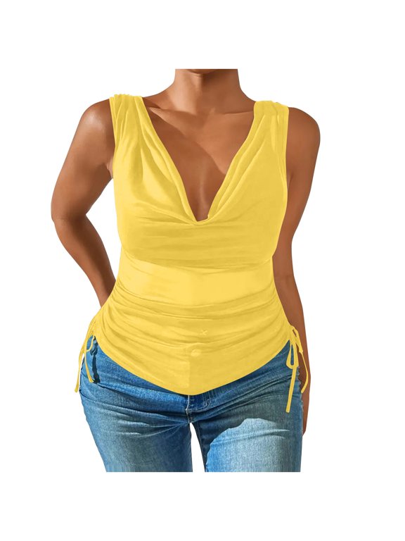 Summer Tank Tops for Women Summer Slim Fitted Deep V Neck Sleeveless Pleated Side Drawstring Knot Shirts Going out Tops