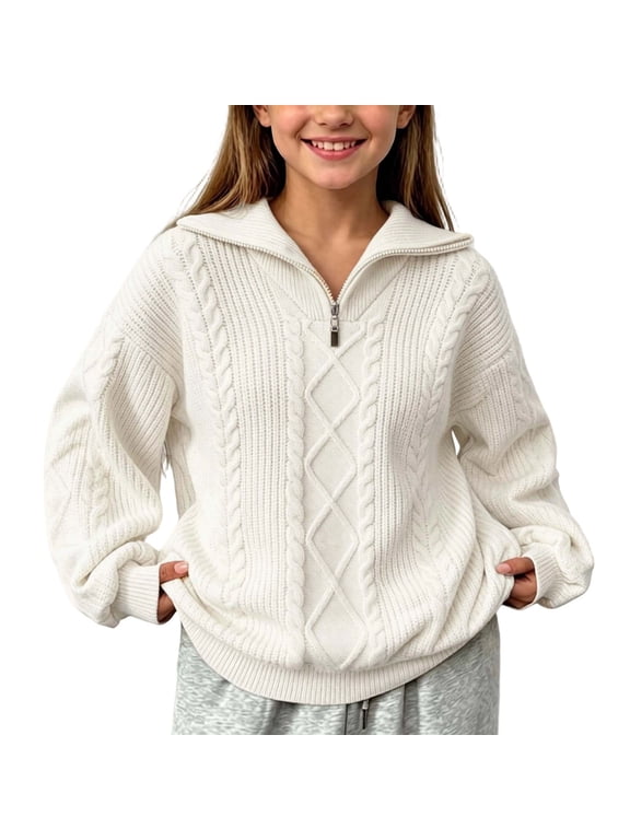Sweaters for Girls Lapel Collar Quarter Zip Long Sleeve Oversized Cable Knitted Pullover Fall Winter Fashion Casual Tops(7-8 Years,Beige)