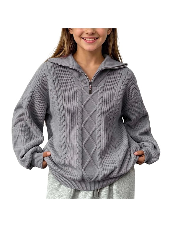 Sweaters for Girls Lapel Collar Quarter Zip Long Sleeve Oversized Cable Knitted Pullover Fall Winter Fashion Casual Tops(7-8 Years,Gray)