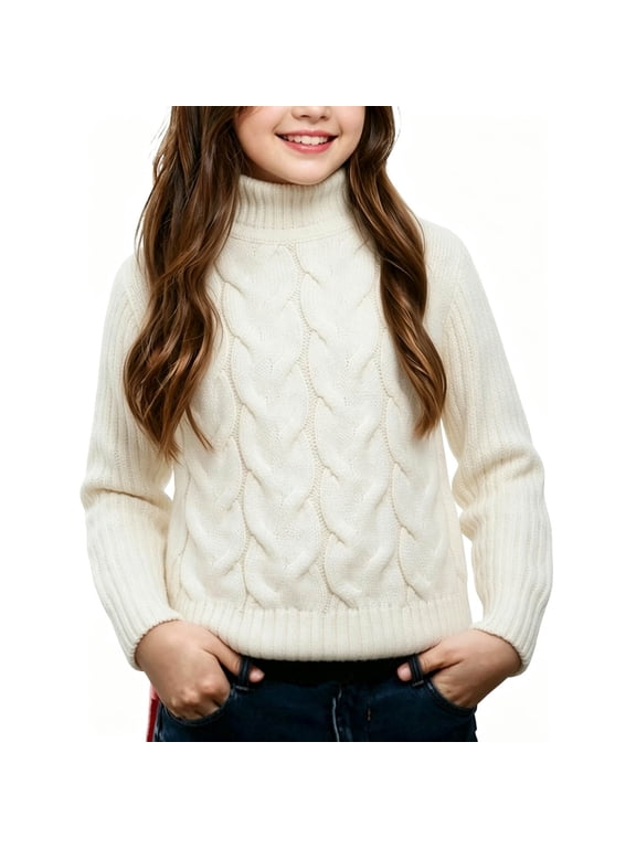 Sweaters for Girls Long Sleeve Turtleneck Cable Knitted Fashion Fall Winter Casual Pullover Tops(9-10Years,White)