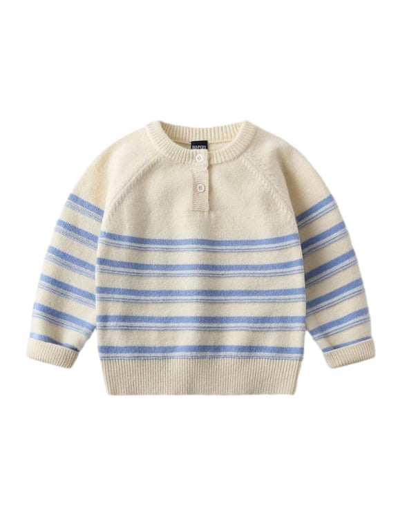 Sweaters for Kids Henley Neck Button Long Sleeve Striped Loose Comfy Boys Girls Fall Winter Casual Tops(7-8 Years,Beige)