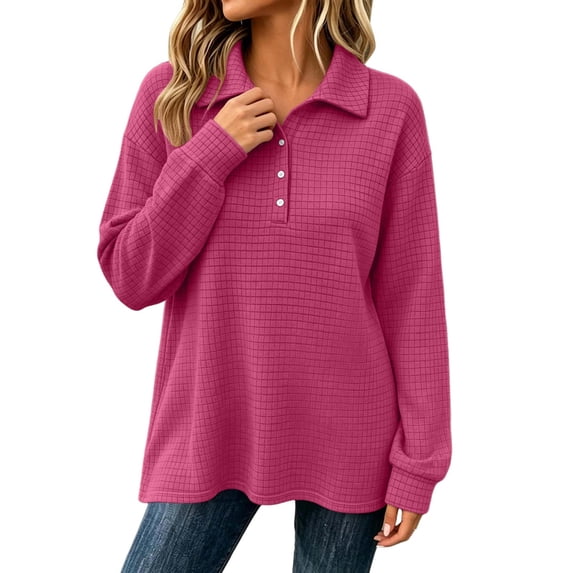 LAJPXKHY Tops for Women Long Sleeve Lapel Collar V-Neck Button Texture Solid Fashion Fall Casual Running Athletic Pullover Shirts(Large,Hot Pink)